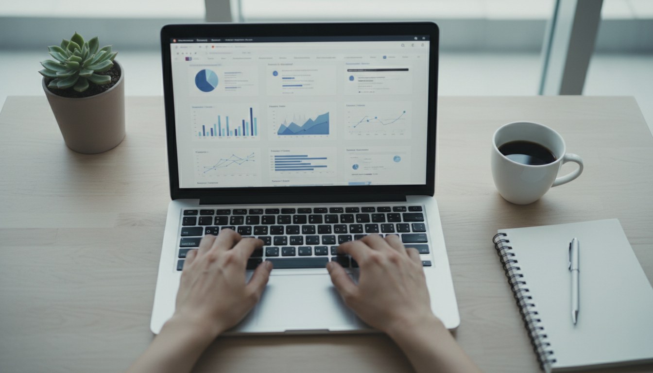 Hands typing on a laptop with analytics charts on screen, reviewing AI visibility performance data