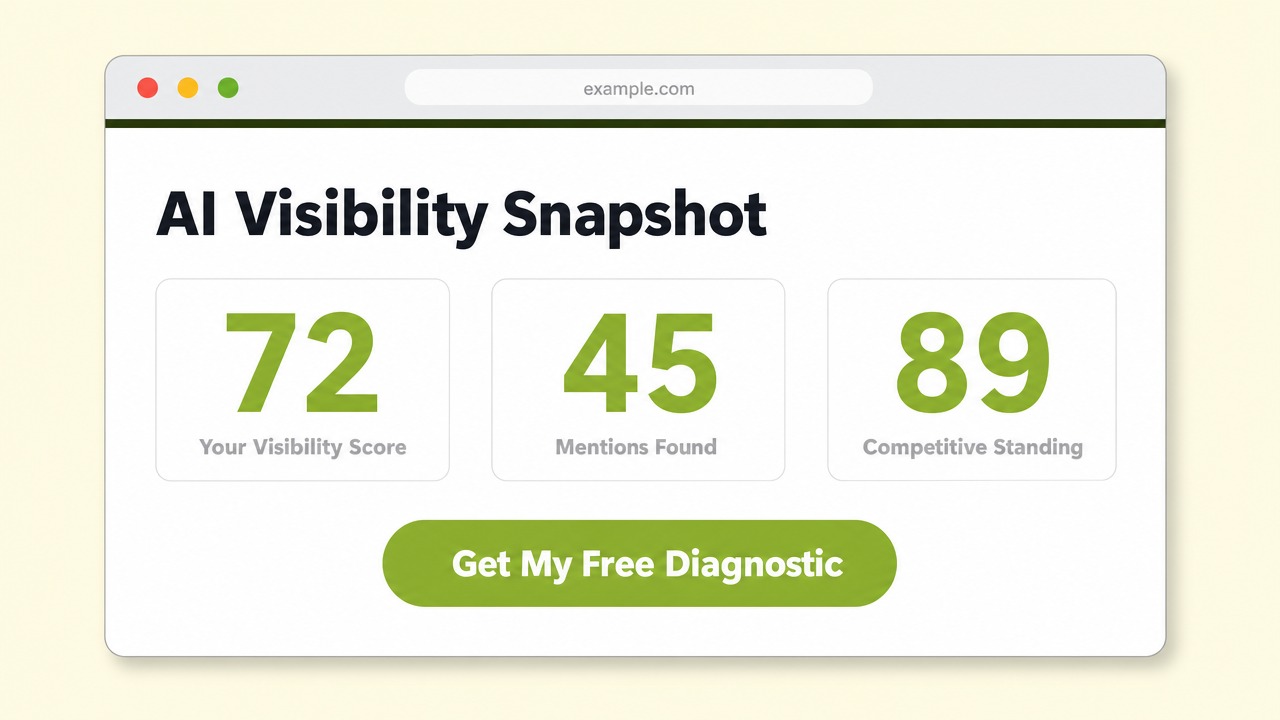 Mockup of an AI Visibility Snapshot card with a Get My Free Diagnostic button