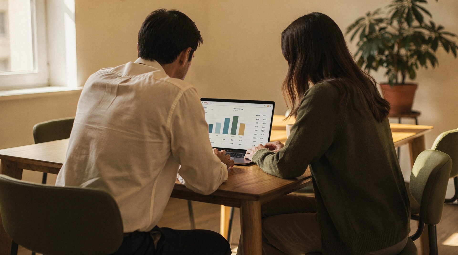 Two people seated at a table, seen from behind, reviewing a data report together on a laptop