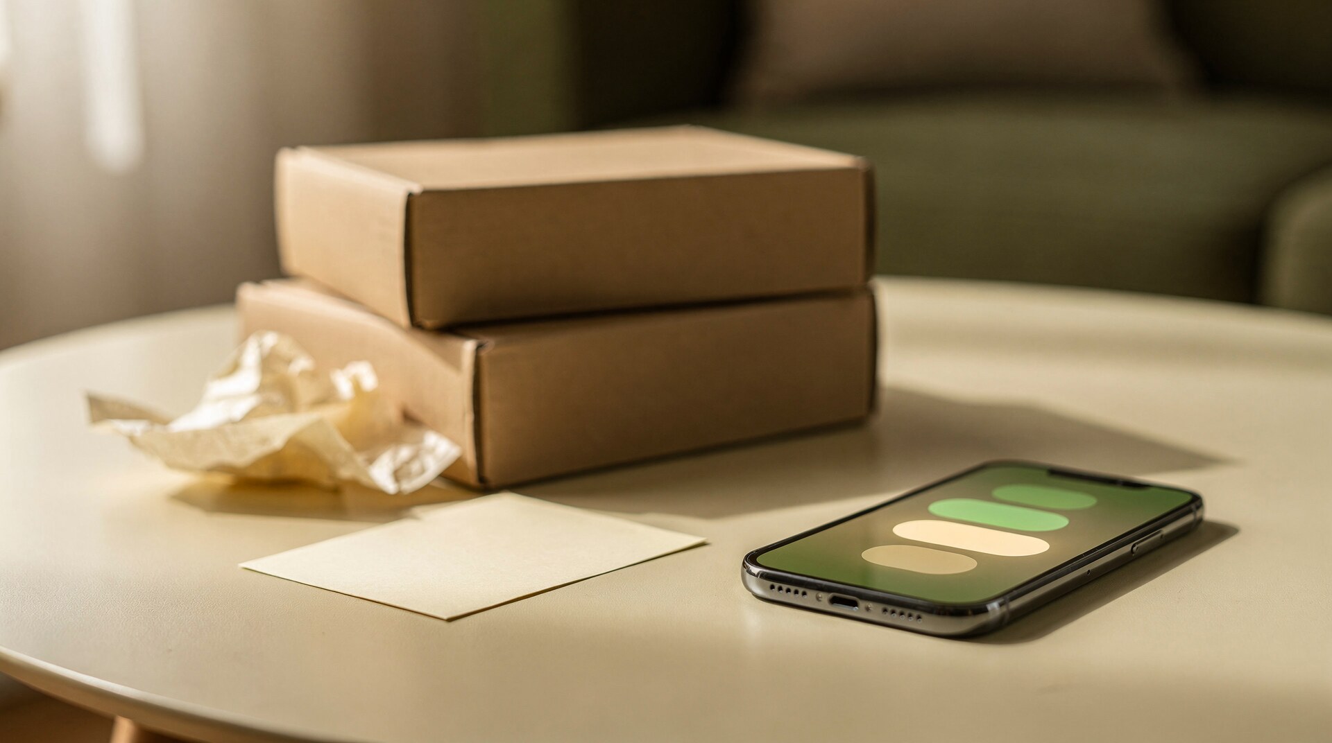 Unbranded subscription box packaging next to a smartphone showing an abstract chat interface on a table