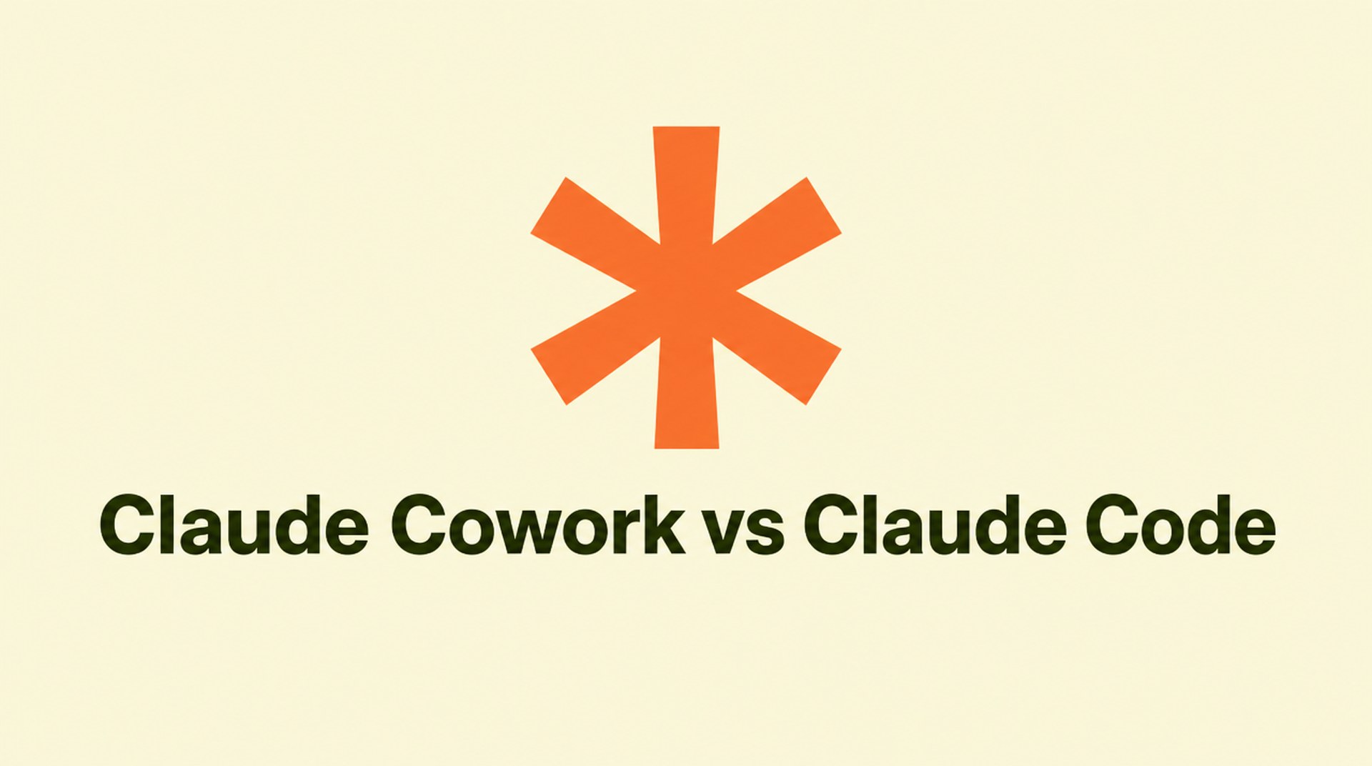 Claude orange starburst mark above the headline Claude Cowork vs Claude Code on a warm cream background