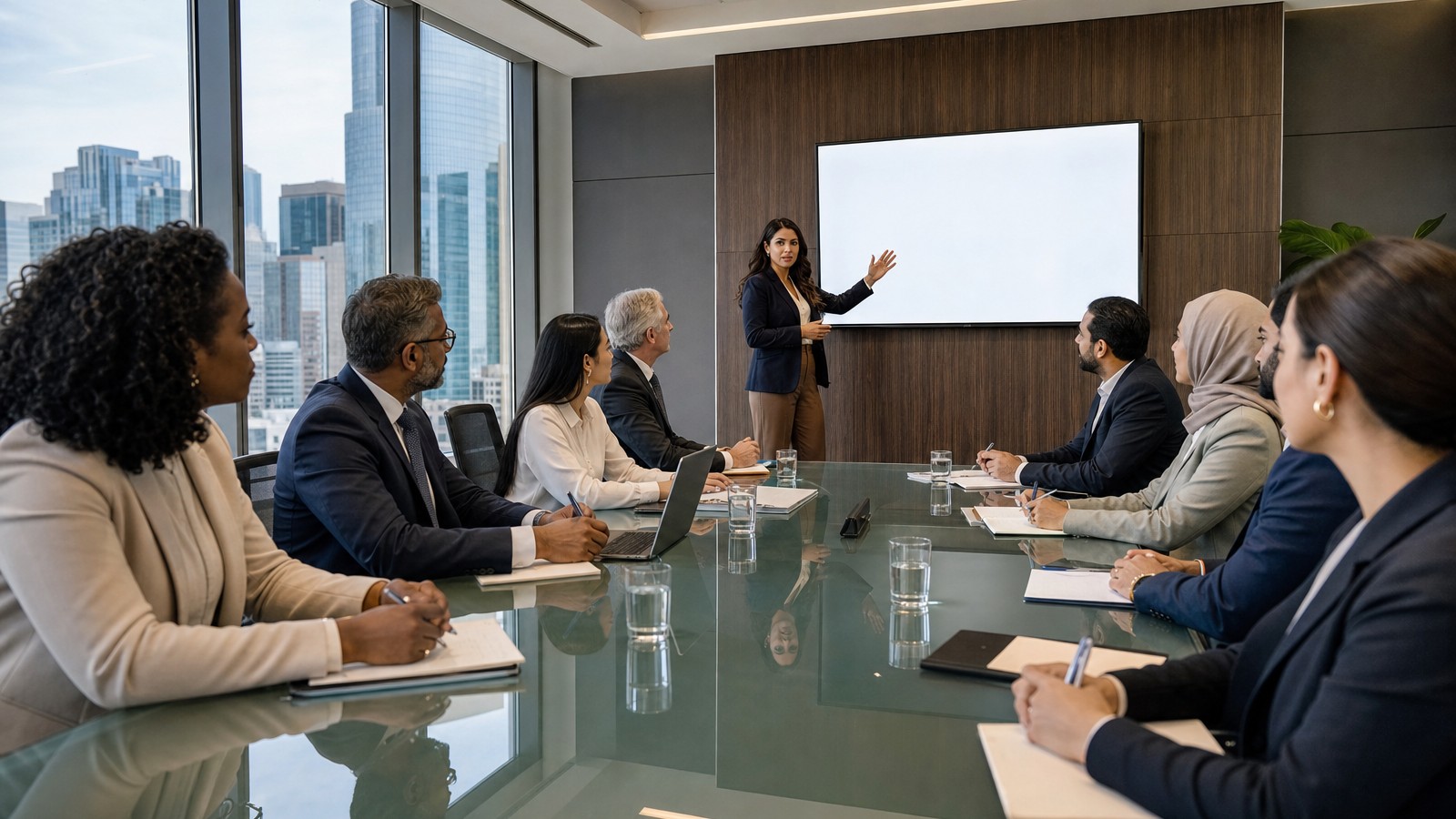 Woman presenting at a blank screen in a boardroom to about ten colleagues taking notes at a glass table