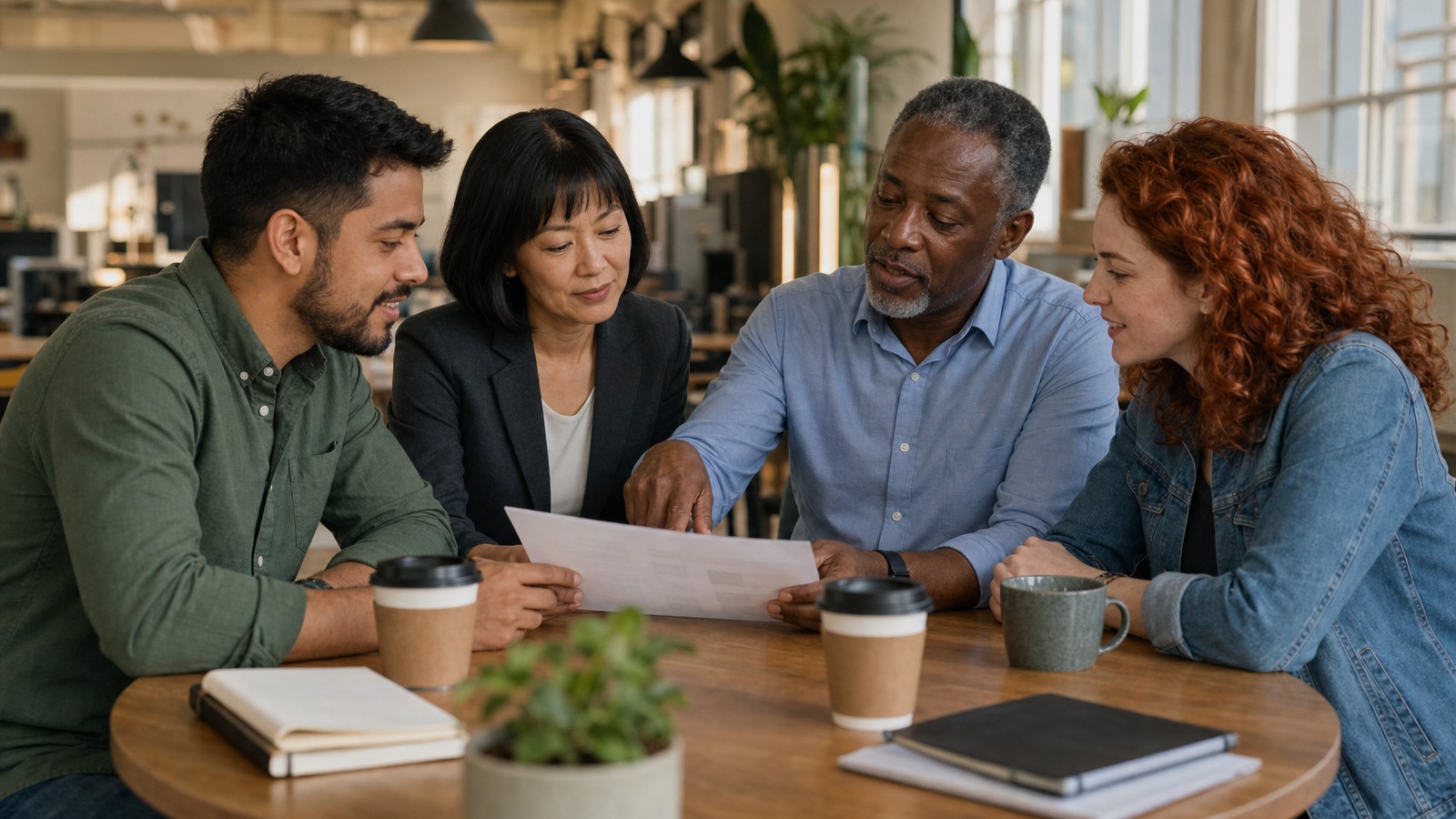 Four colleagues around a round table reviewing a printed page, with coffee cups and notebooks in front of them