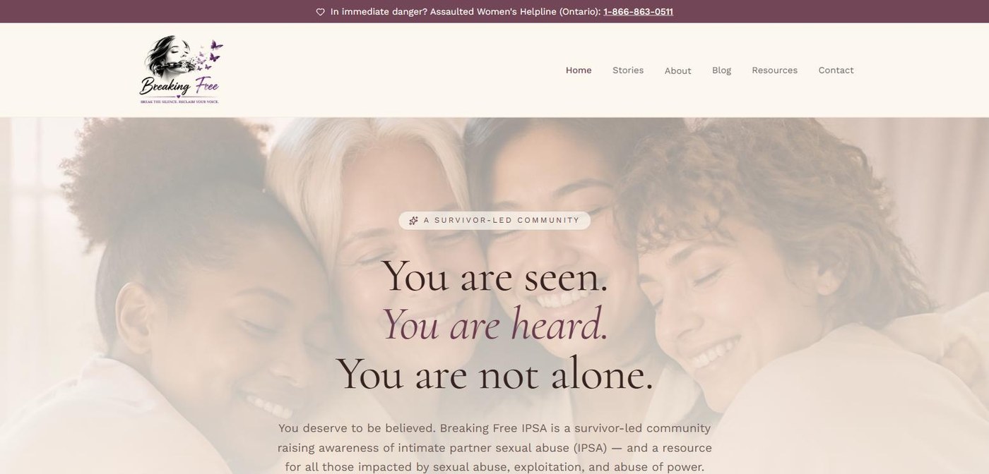 Breaking Free IPSA homepage — AEO web design for a survivor-led non-profit